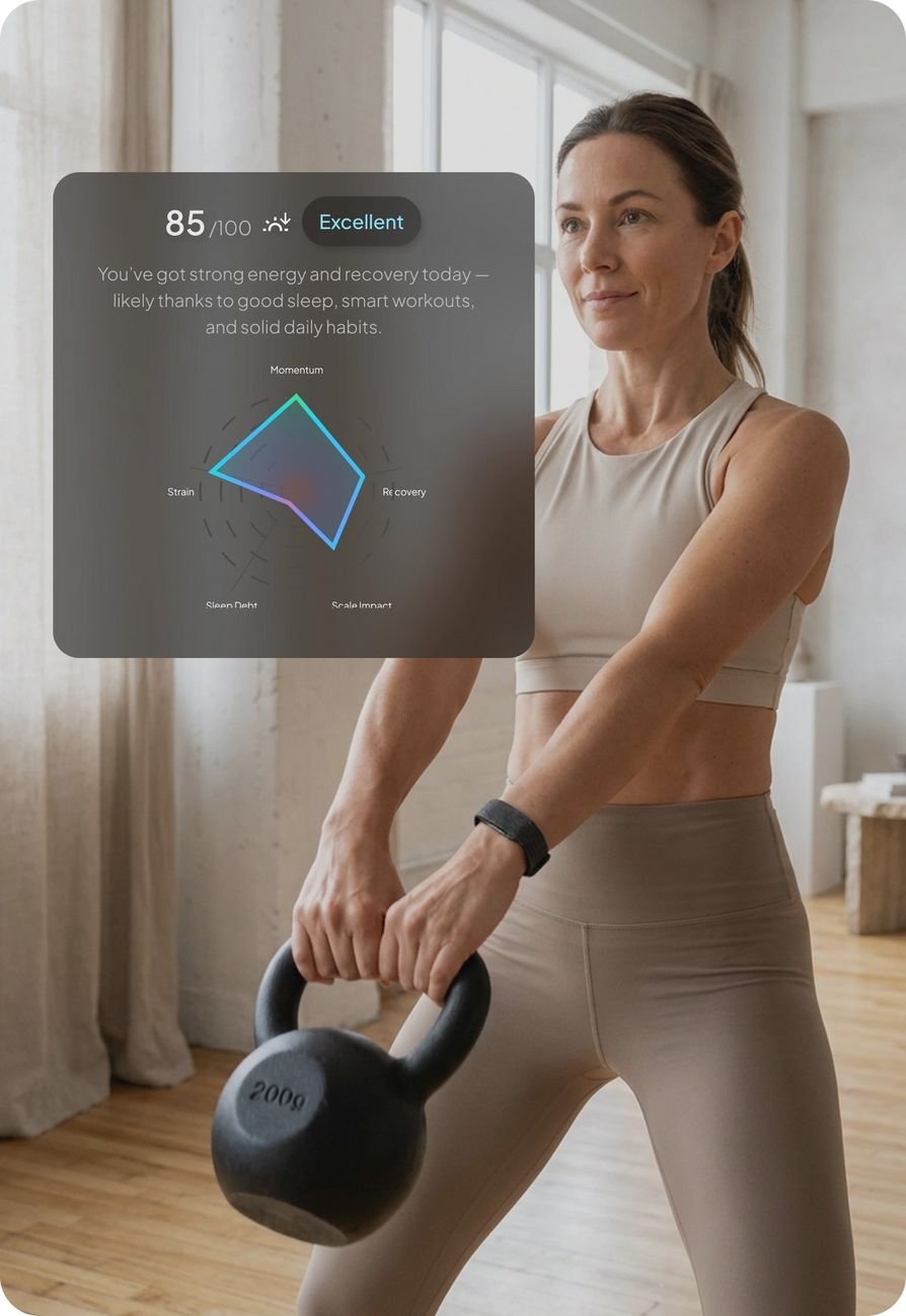 Frau trainiert mit Kettlebell und trägt dabei das Hume Band — Metabolic-Capacity-Wert sichtbar in der App